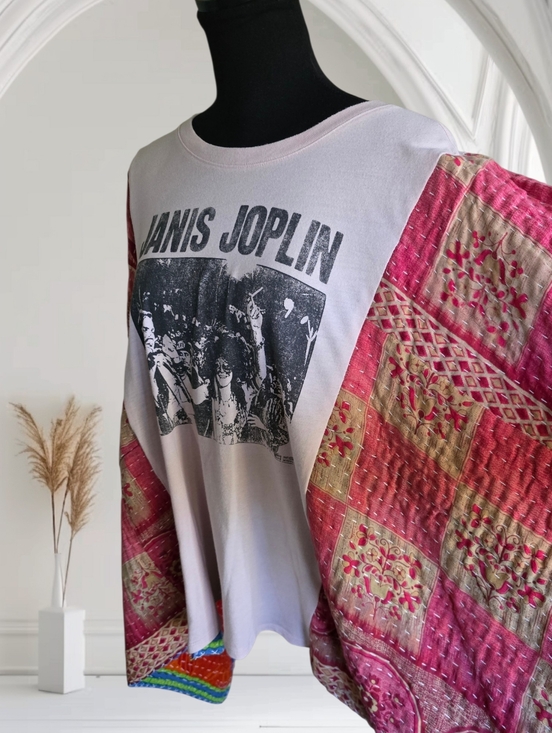 Upcycled Janis Joplin Band Tee With Kantha Sleeves, OS - Picture 5 of 5
